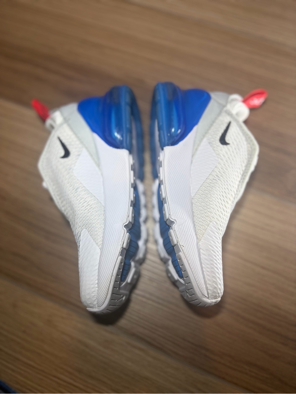 Nike 270 Kids White Sneakers with Royal Blue Air Heel and Red Pull Tab